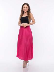 Long Pleated Skirt, Plain, Fashion 2025 - 玫紅色 - 查看 4