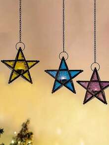 European Retro Style Color Windproof Glass Candle Holder, Pentagram Iron Hanging Embossed Glass Candle Holder ( Candles Not Included ), Holiday Atmosphere Atmosphere Home Decoration Pendant Glass Star Lantern Hanging Ornaments - Tea Light Lantern Window Hangings Living Room Patio Balcony Decoration Vintage