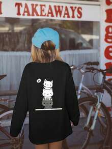 Cute Cat Portrait, Tween Girls' Casual Thick Round Neck Graphic Long Sleeve T-Shirt, Autumn/Winter