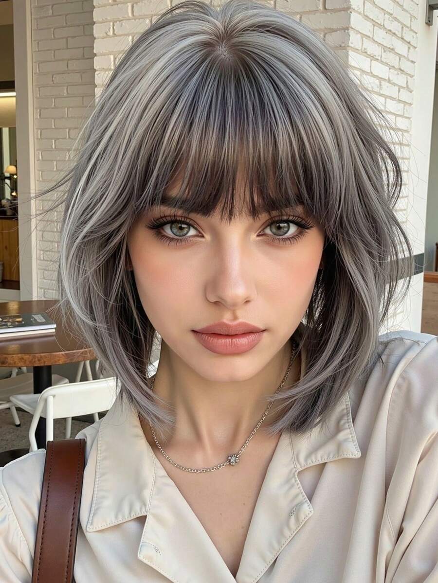 12 英寸优雅灰色长卷发假发，带挑染和刘海 - 深色发根至浅色发梢，适合女士日常派对度假旅行的合成假发