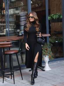 Women's Long Sleeve Turtleneck Deep Slit Detail Crepe Dress , 19426 - Black - View 1