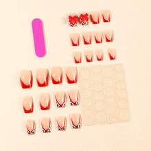 Red Press On Nails Short Square Fake Nails French Tip False Nails With Leopard Print Design Glue On Nails Bow Acrylic Nails Glossy Full Cover Stick On Nails For Women Manicure 24Pcs - 紅色法國 - 查看 2
