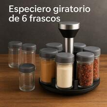 Especiero giratorio con 6 frascos de vidrio con tapa hermética | Organizador de especias moderno y práctico para cocina - Transparente - Ver 2