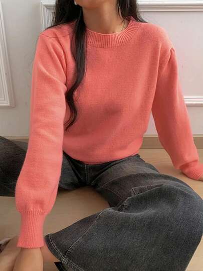 Damen einfarbiger, lässiger, weiter Pullover-Strickpullover, Langarm