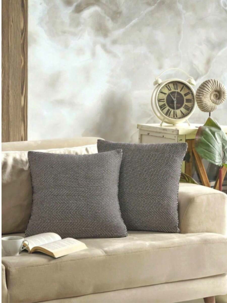 2-Pack Zippered Cushion Cover Set | 45x45 Cm | Modern Design, Easy-Care Decorative Pillow Covers | MADE IN TURKEY - Dark Grey - View 1