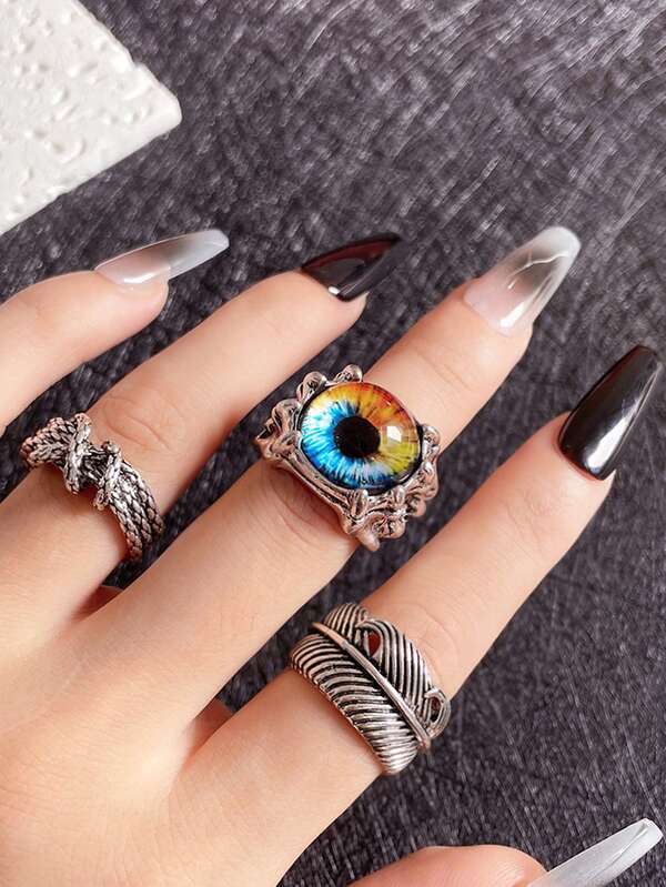 3件套恶魔之眼与翅膀设计戒指套装，时尚开口戒指，适合女性佩戴，也适合派对和日常佩戴。