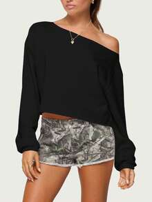 2025 New Women's Off-Shoulder Crop Hoodie - Long Sleeve Oversized Pullover Sweatshirt, Loose Fall Streetwear, Casual Loungewear For Going Out - 黑色 - 查看 1