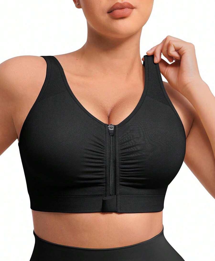 Zip Front Closure Bras For Women No Underwire Compression Post Surgery Bra With Wide Adjustable Straps - 黑色 - 查看 1