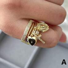 1pc New Arrival Side-Set Little Heart Cross Religious Charm Rings Pave Zirconia Multi-Loop Adjustable Open Rings - Gold - View 7