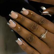 Square Press On Nails Short Fake Nails Silver French Tip False Nails With Cheese Patterns Design Glue On Nails Full Cover Stick On Nails Glossy Acrylic Nails Artificial Nails For Women Manicure 24Pcs - 銀色 - 查看 1