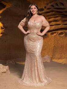 Elisanya Elegante vestido de gala de sirena con cuentas impactante con mangas voluminosas con hombros descubiertos - Bordado tipo escamas y dobladillo de cola de pez para eventos de gala, fiestas de etiqueta y glamour de celebridades