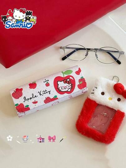 1 件 Sanrio Hello Kitty 眼镜收纳盒，便携式太阳镜收纳盒，太阳镜收纳盒 + 太阳镜清洁布，采用 PU 材料制成，高度耐用，适合学校和办公室，完美的返校礼物，理想的生日礼物旅行必需品假期眼镜盒眼镜架女士太阳镜