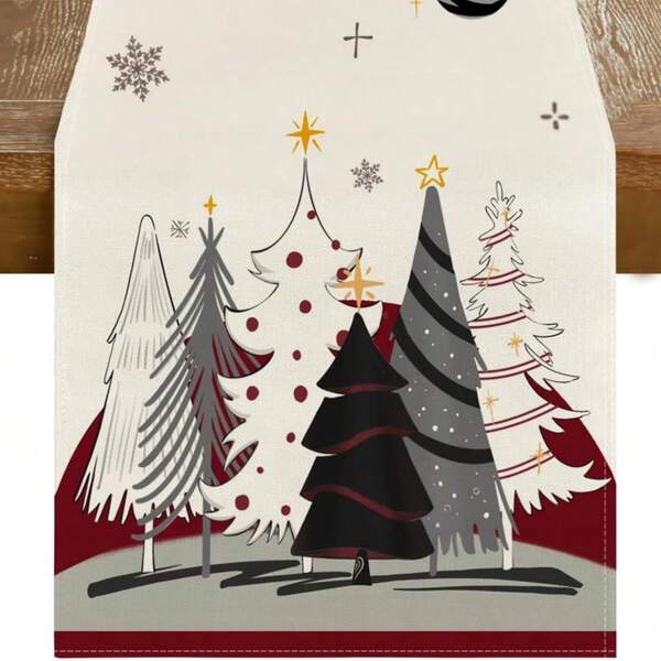 1 pièce Chemin de table avec motif de sapin de Noël rouge, décoration de table de cuisine et de salle à manger pour les fêtes de Noël, décoration de maison et de fête