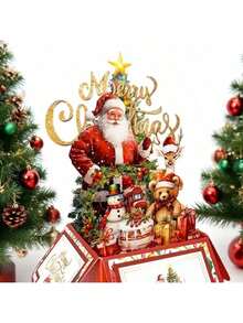 1PC Holiday Christmas Card, Retro 4-Layer Christmas Card With Santa Claus, Reindeer, And Tree Design - Red Paper Holiday Card With Envelope, Suitable For Friends And Family's Holiday Party Invitations, No Battery Required, Christmas Card Home Decor Christmas Decorations Room Decor Winter