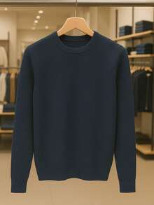 Men's Knitted Sweater, Round Neck, Long Sleeve, Basic Casual Knit Top - 藏蓝色 - 查看 2
