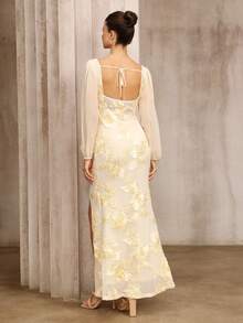 D&M 女士网纱刺绣雪纺方领露背长袖开衩下摆晚礼服，适合日常及婚礼派对穿着，秋季服装，毕业典礼礼服，优雅