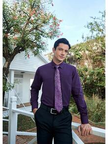 Men's Solid Long Sleeve Dress Shirt With Matching Tie And Handkerchief Set Classic Button Down Formal Business Shirts