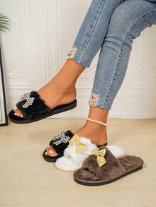planare Pantuflas de mujer de lujo y elegantes de piel sintética con forro térmico, ligeras, cómodas, antideslizantes, adecuadas para uso en el hogar, sencillas y con diseño de lazo a cuadros - Blanco - Ver 8