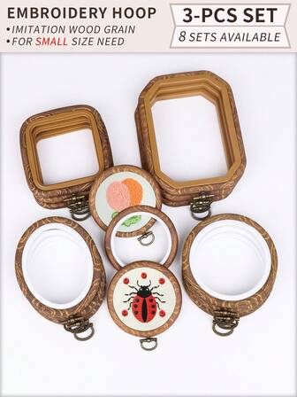 3pcs Mini Brown Faux Wood Grain Retro Vintage Style Handmade DIY Cross Stitch Hoops, Embroidery Frames, Dreamcatcher Hanging Rings, Made Of Durable ABS Material With Copper Metal Hooks, Suitable For Home Decor, Wall Hanging, Halloween, Christmas, Bag, Clothing, Phone, Key Chain, Desk, Bedside Accessories, Car Ornaments