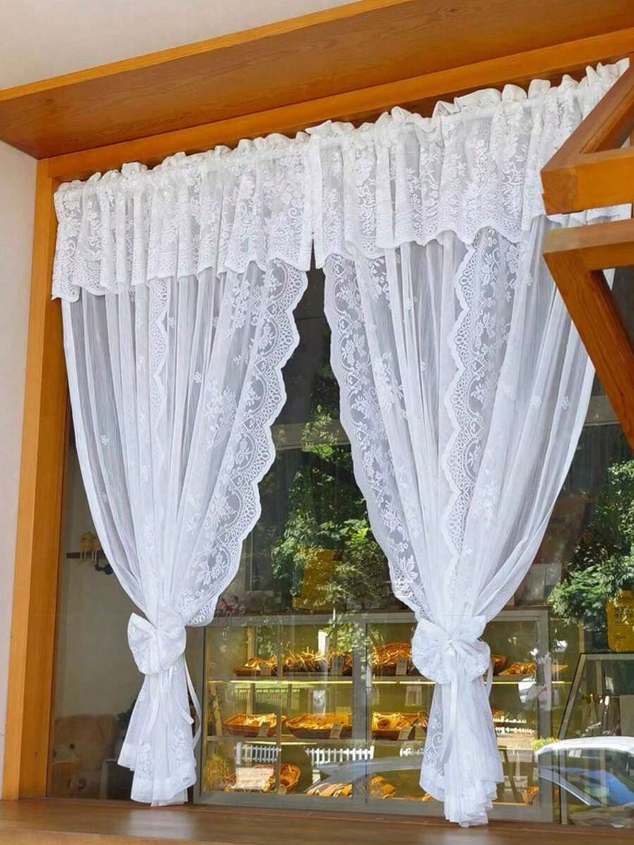 1pc White Lace Curtain Valance, No Drilling Required, Suitable For Kitchen, Bedroom, Window Sill, Door, Princess Style Sheer Curtain (Tie Bands Not Included) - Multicolor - View 1