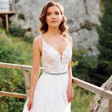 TIESOME Bridal Rhinestone Wedding Waist Belt, Handcrafted Bling Crystal Belts Adjustable Ribbon Belt For Women Jeans Dress - Màu be - Xem 2