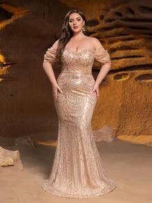 Elisanya Elegante vestido de gala de sirena con cuentas impactante con mangas voluminosas con hombros descubiertos - Bordado tipo escamas y dobladillo de cola de pez para eventos de gala, fiestas de etiqueta y glamour de celebridades