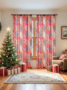 1PC Geometric Christmas Digital Print Curtain - Red Base With Multicolor Pattern, Soft Draping Fabric, Living Room Soft Decor Matching Curtain