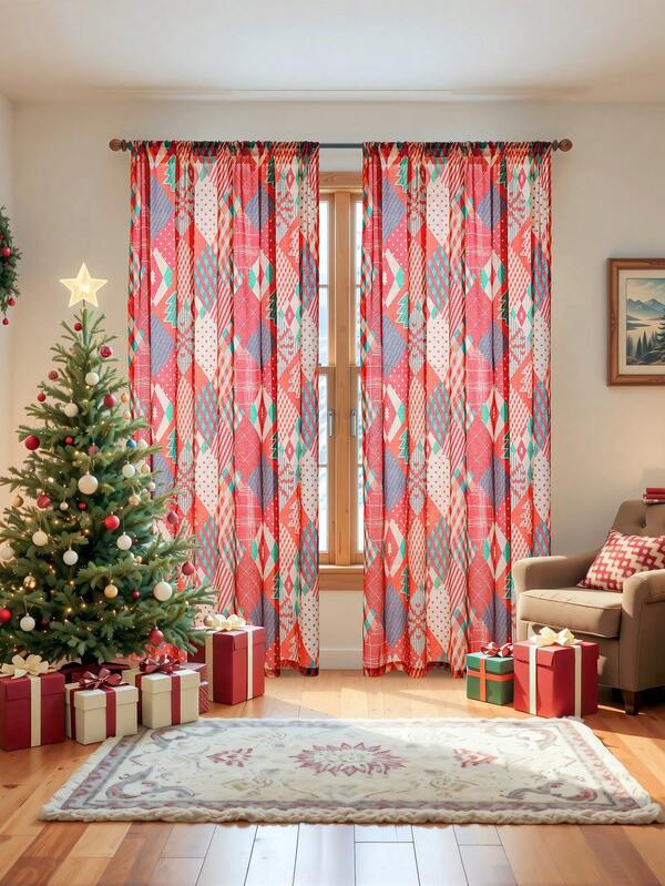1PC Geometric Christmas Digital Print Curtain - Red Base With Multicolor Pattern, Soft Draping Fabric, Living Room Soft Decor Matching Curtain