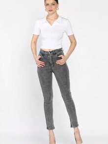 High Waist Women's Jeans, Contrast Button Zipper Pockets, Casual - Dark Grey - View 4