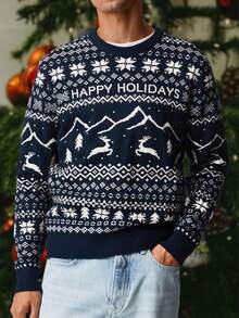 男士毛衣，美式街头风圣诞树、雪花、圣诞鹿图案，复古休闲宽松假日针织套头衫，秋冬款 - 藍色 - 查看 8