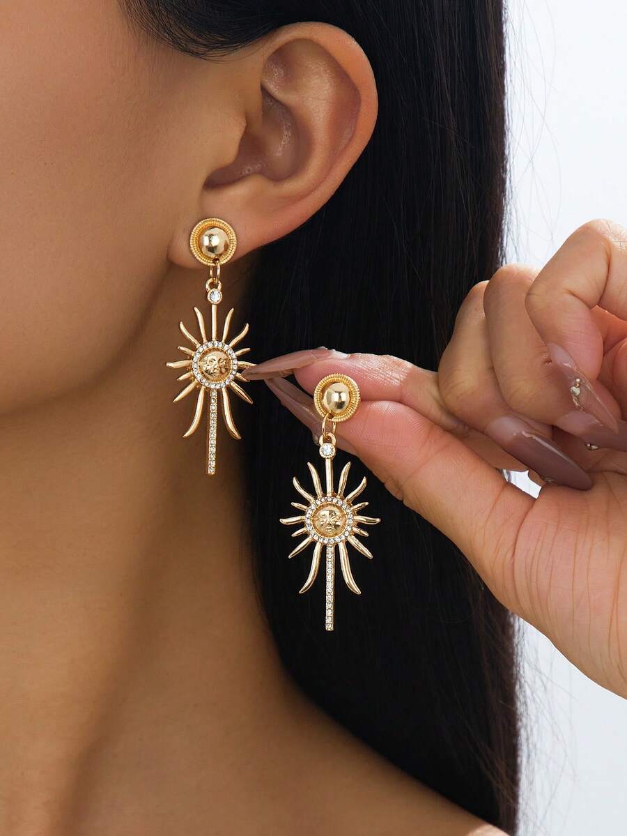 时尚日常经典金属太阳花女士耳环（无礼盒） - 金黃色 - 查看 1