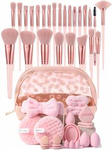 47/21/22/2/1件套化妆刷和化妆海绵组合套装，包含卸妆粉扑、化妆包、眼影刷、眉刷、粉底刷、散粉刷、腮红刷、遮瑕刷和高光刷，采用超柔软优质合成毛，适合日常面部彩妆。套装包含化妆刷、化妆工具、全套化妆工具、化妆刷套装、全套化妆工具、化妆工具套装、化妆礼盒套装。 - 粉色 - 查看 12