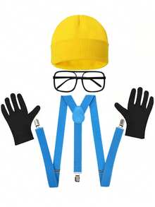 4件套D EXCEED黄色角色扮演服装配饰套装，男女通用——黄色针织帽、道具眼镜、Y型背带、手套——适用于复活节、万圣节庆祝活动、角色扮演派对、学校舞台表演、主题服装聚会 - 彩色 - 查看 7