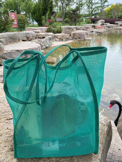 1 pieza Bolsa de playa de gran capacidad, bolso de mano transparente y ligero para mujer, bolso de hombro de malla, bolso de compras de moda y versátil, detalles de tamaño en las imágenes, altura 35 cm/longitud 31 cm/ancho 22 cm