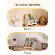 Montessori Bookshelf, 3-Tier Scalloped Kids Bookshelf, Front Facing Toddler Bookcase, Dual Hooks For Hanging Backpacks, Baby Bookshelf For Kids Room, Living Room, Entryway, Nursury, Preschool - Kệ gỗ 21-30 inch màu nâu nhạt - Xem 7