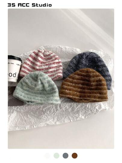 1pc Sequin Stripe Beanie Hat For Women, Fashionable Autumn/Winter Item, Wool Blend Retro Style Knit Cap, Versatile Petite Fit Textured Knit Hat, Streetwear Skateboard Dance Headwear