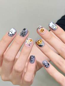 10pcs Short Nail Round Nail Halloween Story Gray Nail Handmade Nail, Can Be Worn Everyday And Holiday Wear, Reusable Press On Nails, Holiday Nail Pieces For Women And Girls, Back To School, Press On Nails