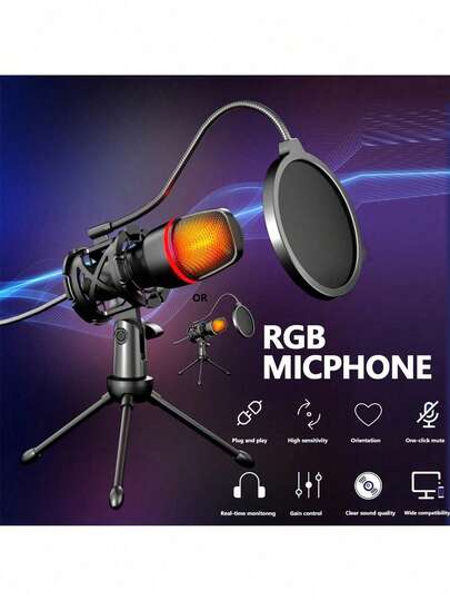 RGB 콘덴서 마이크, 게임, 라이브 스트리밍, 녹음, 비디오 스튜디오용 데스크탑 소음 제거 USB 유선 마이크, 스탠드 포함, 노트북 및 데스크탑 컴퓨터에 적합