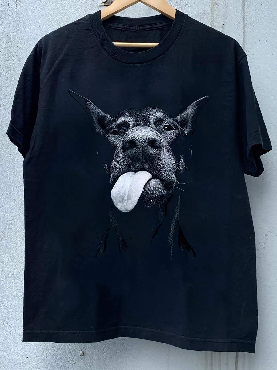 Camiseta Gráfica de Streetwear para Hombre - Diseño de Perro Genial con Lengua Fuera, Corte Holgado, Tela Transpirable, Camiseta Negra para Uso Casual de Verano, Ropa Casual de Verano| Diseño Divertido de Perro| Ajuste Cómodo