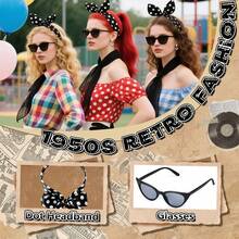 5件套40、50年代复古女士配饰套装，包括围巾、猫眼眼镜、波点发带和手套，适合50年代主题派对、万圣节装扮、化装舞会、日常穿着和主题派对。