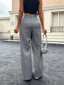 VIBEWAVE Butterfly Print Wide Leg Pants For Women, High Waist Straight Loose Relaxed Fit Casual Long Trousers, Spring/Summer - Grey - View 3