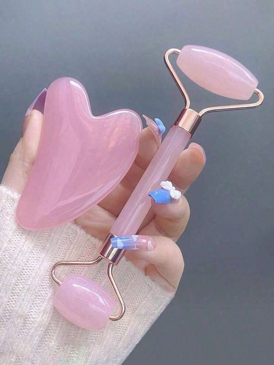 1pc Guasha Facial Massage Tool Set – Pink Roller & Scraping Board For Beauty Lifting, Meridian & Body Care - Hồng - Xem 1