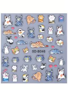 5D Cartoon Cat Embossed Nail Stickers 2pcs Cute Funny Heart Bow Cat & Cat Paw Design DIY Kawaii Japanese Korean Self-Adhesive Slider Nail Art Decoration