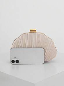 Women's Elegant/Luxury Pleated Satin Box Clutch Bag, Romantic Wedding Handbag, Charming/Exquisite Evening Dress Purse, Minimalist Apricot Box Bag With Detachable Chain, Suitable As Holiday Gift - Apricot - View 2