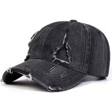 1Piece Men Vintage Edge Holes Denim Baseball Cap Outdoor Adjustable Sunscreen Leisure Hat Spring Autumn Travel Tourism Beach Vacation - 彩色 - 查看 9