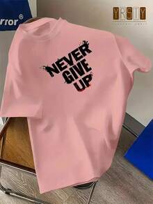Popular  Men's Short Sleeve Shirts Never Give Up Letter Pattern Print Casual Summer Tops, Men's Fashion Casual Round Neck Short Sleeve, Suitable For Daily Wear And Various Occasions. Roomy And Comfortable - Hồng 2 - Xem 1