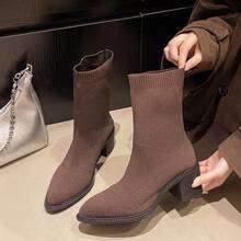 2025 Botas Elásticas Pretas Slim para Mulheres, Salto Grosso de Salto Alto Bico Fino Cor Sólida Marrom Botas Ankle, Estilo Ocidental Botas Curtas, Outono/Inverno