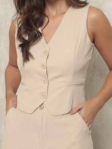 Women's Set Vest With Fake Pocket And Buttons And Long Skirt Twill Simple Elegant Casual Buttons On The Front Split Pocket Wedding - 米色 - 查看 2