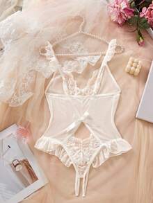 Valentine's Day&Wedding Season,Women's White Sexy Lingerie, Sheer,Adjustable, Mesh,Hollow-Out,Lace,Crotchless Bodysuits,Teddy Jumpsuit,For Women Bridallingerie. - White - View 9