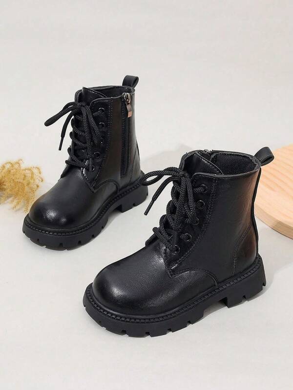 1 par de botas hasta la pantorrilla para niñas, botas de PU con cremallera lateral adecuadas para niñas, botas con cordones casuales para la escuela y actividades al aire libre, para primavera/otoño